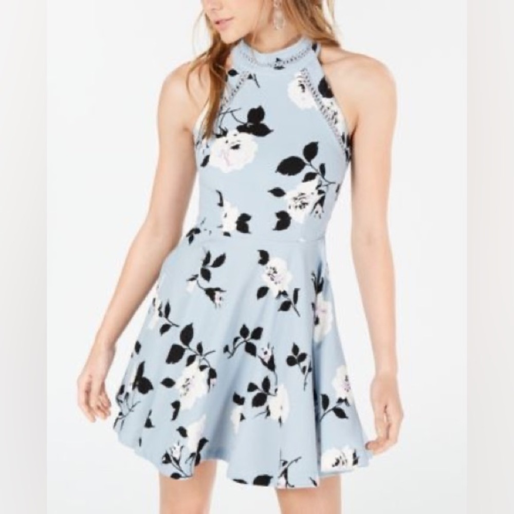 B Darlin Juniors Floral Mock Neck Crochet Trim Fit & Flare Dress Size 3-4 NWOT